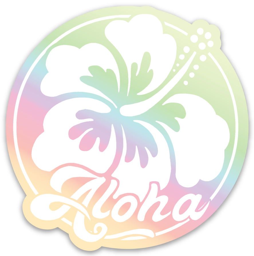 Aloha Hibiscus Round White Holographic Sticker